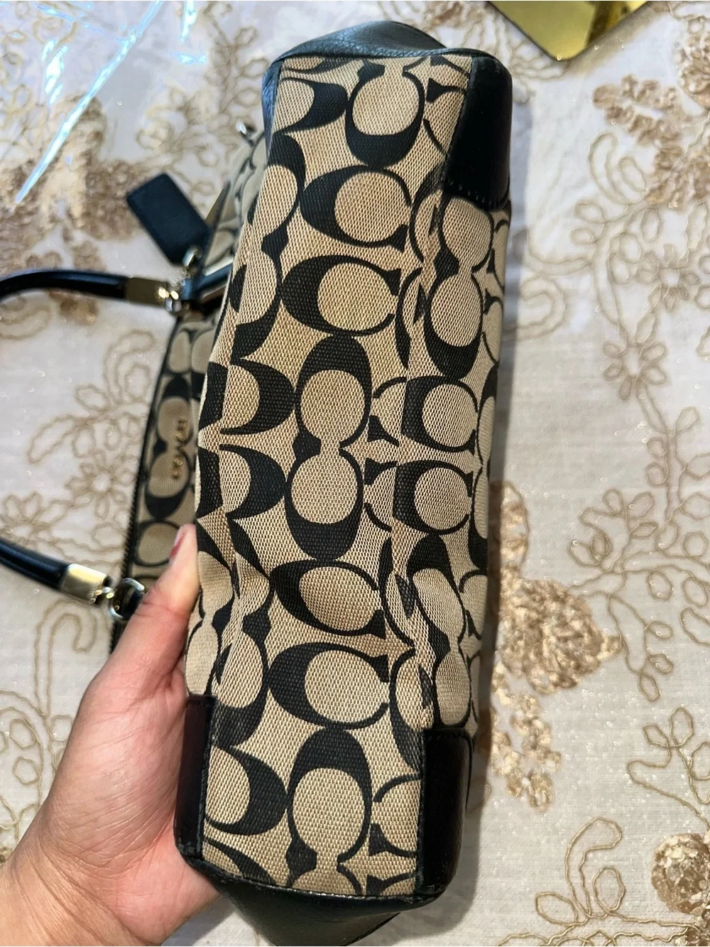Coach Brown Khaki Signature Canvas Shoulder Tote with Black Trim